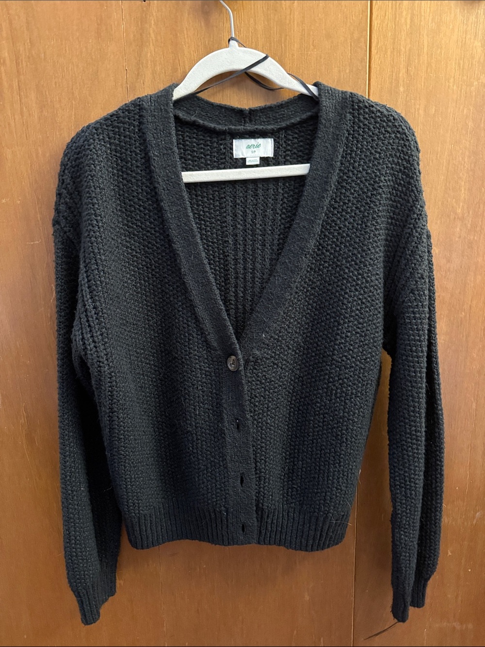 aerie Black Chunky V-Neck Button-Up Cardigan